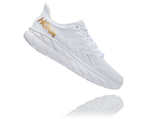 Hoka One One Clifton 7 Mens UK - White / Gold Road Running Shoes - RISXK6382